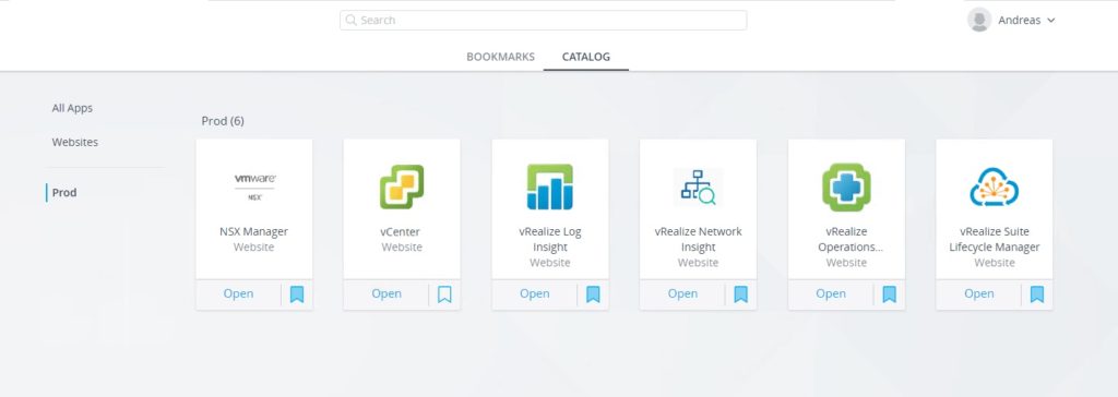 VMware Identity Manager portal satt opp med SSO til alle tjenestene i vRealize Suite I tillegg til NSX og vRealize Network Insight